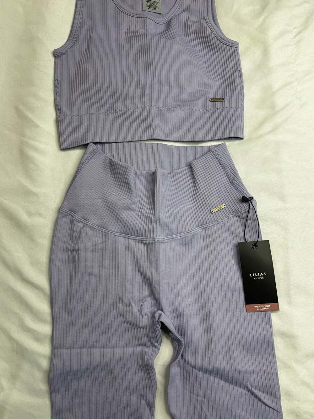 Lilias Active Ribbed Knit Set Lilac Longline Sports Bra and Bike Shorts Small